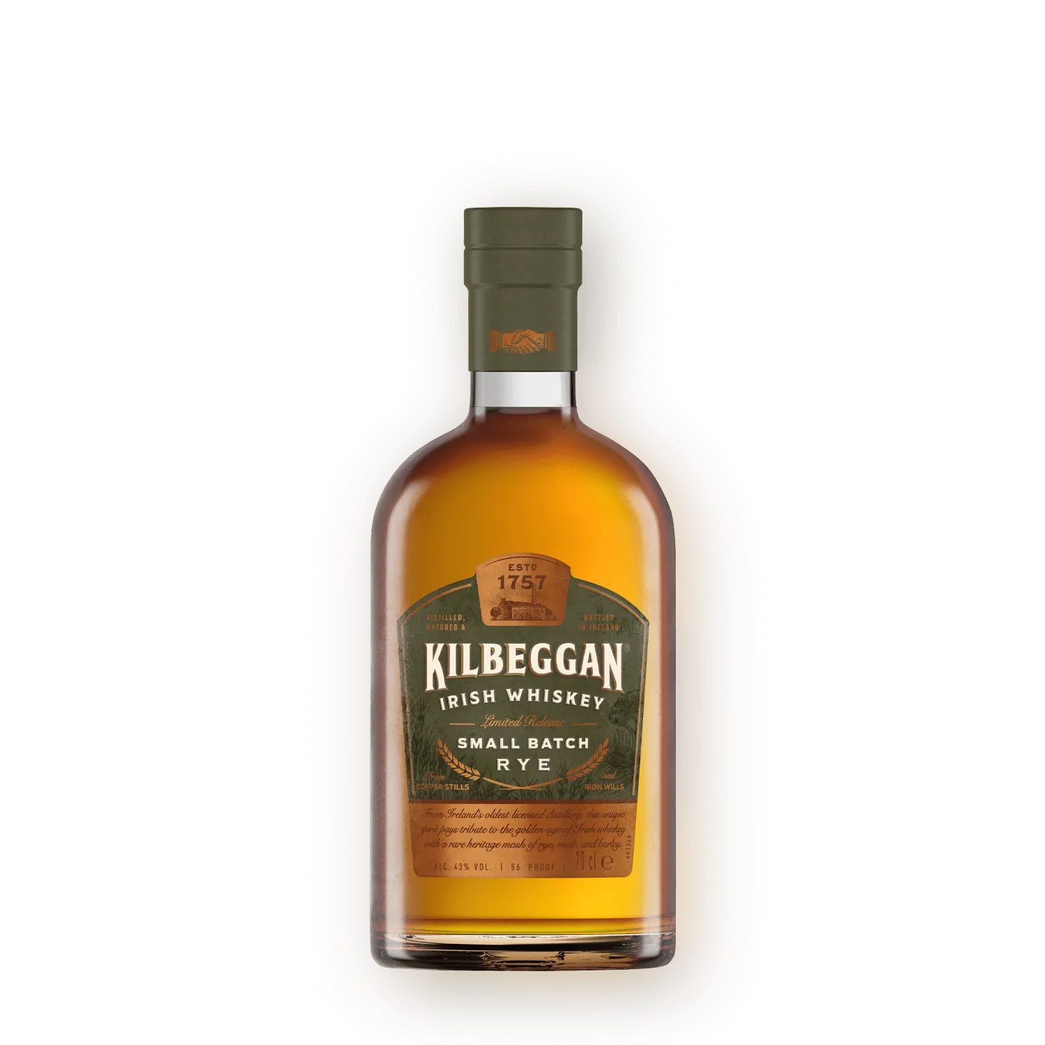 Kilbeggan Irish Whiskey bottle with a traditional Irish design, perfect for whiskey enthusiasts