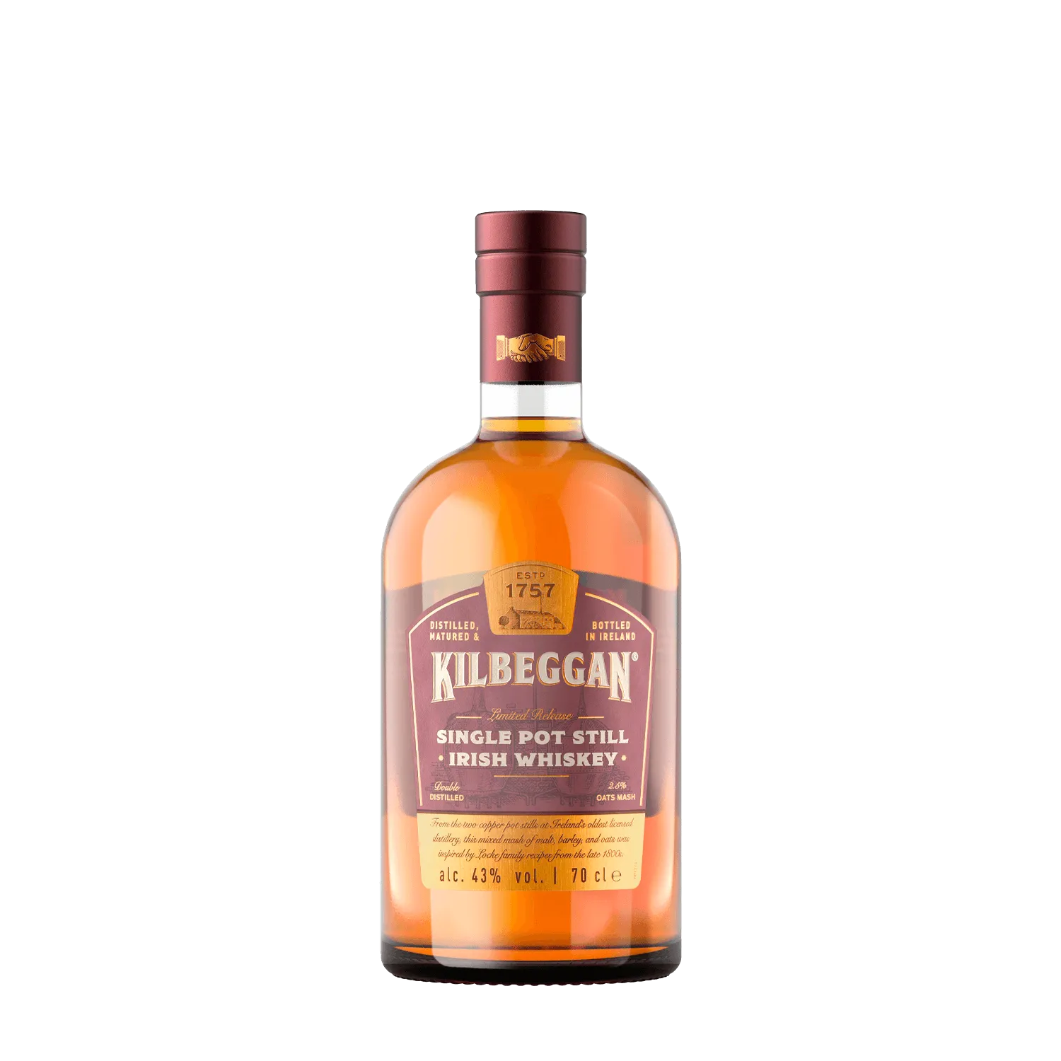 Kilbeggan Single Pot Irish Whiskey bottle with a traditional Irish design, perfect for whiskey enthusiasts