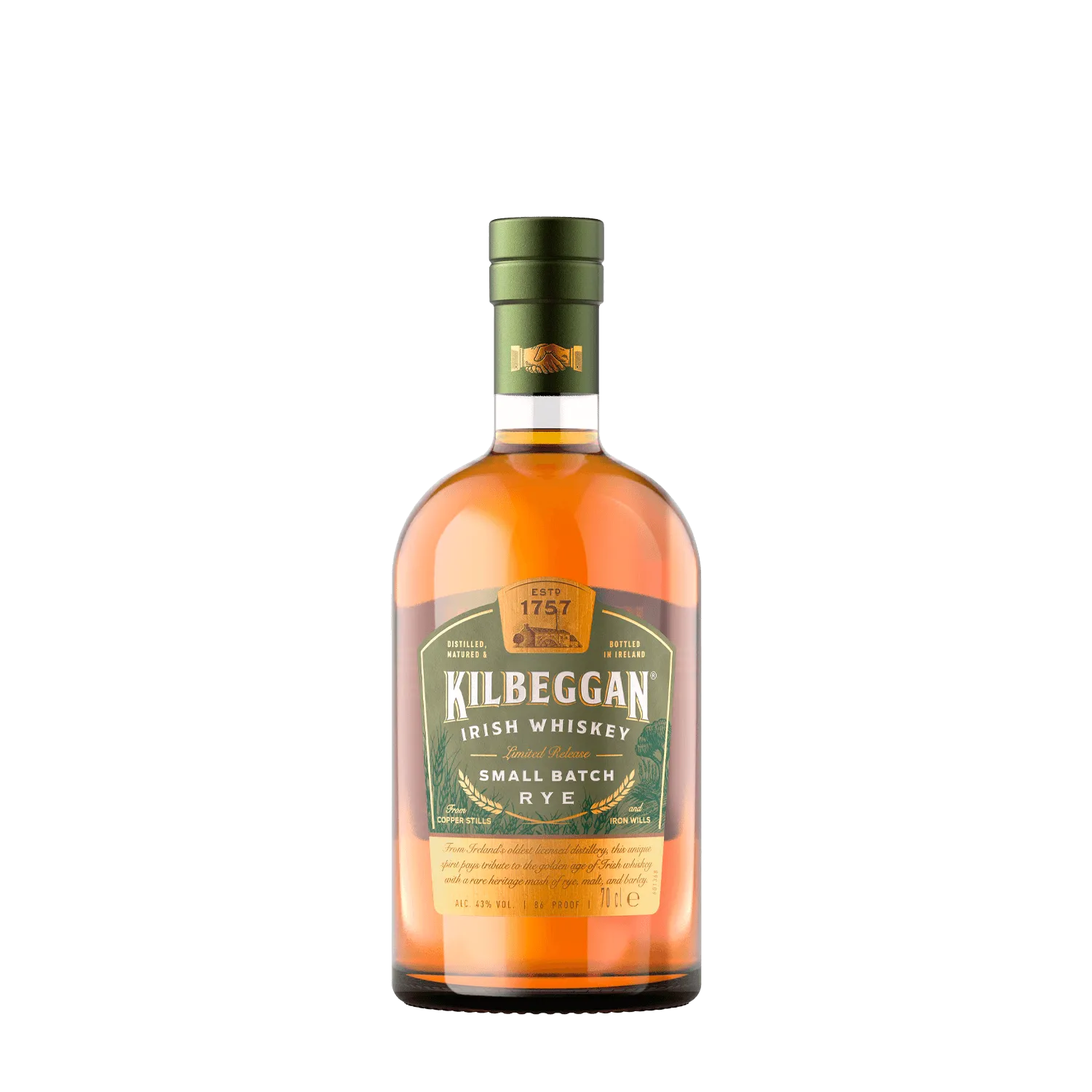 Kilbeggan Small Batch Rye Irish Whiskey bottle with a traditional Irish design, perfect for whiskey enthusiasts